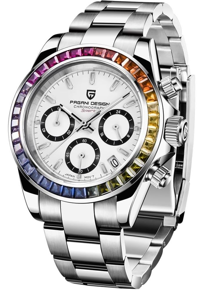 Pagani Design 1644 Men's Chronograph Watch with Rainbow Crystal Bezel and Panda Dial - Image 1